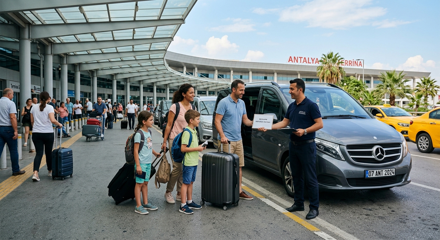 Editorial photo illustrating an article titled "Antalya Flughafen Transfer: Tipps für die Anreise" for an Antalya airport transfer company. Photorealistic, natu