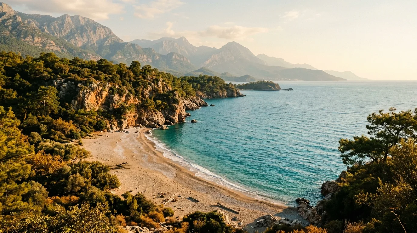 Goldenes Herbstlicht ueber der Mittelmeerkueste bei Antalya mit tuerkisem Meer und den Taurusbergen im Hintergrund