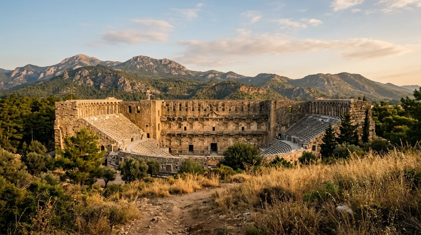 Das antike roemische Theater von Aspendos bei Antalya im warmen Morgenlicht