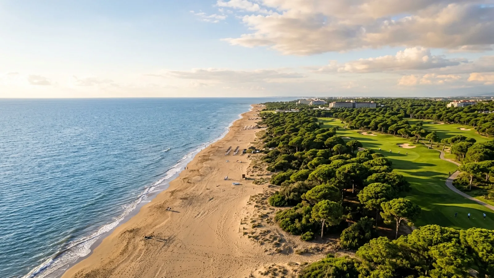 Belek, Türkiye — the coast at Belek, a wide sandy beach with an umbrella pine forest immediately behind it and manicured golf fairways further inland.