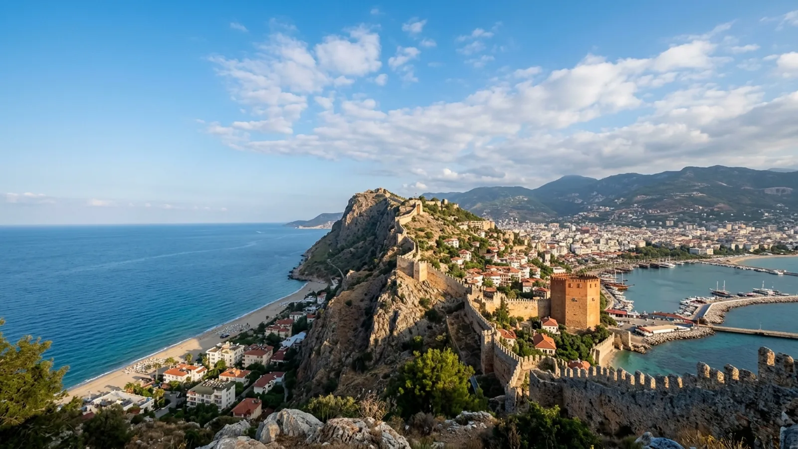 Alanya, Türkiye — the town of Alanya, a rocky peninsula crowned by a medieval Seljuk castle wall with a red brick tower at the harbour and long sandy beaches on both sides.