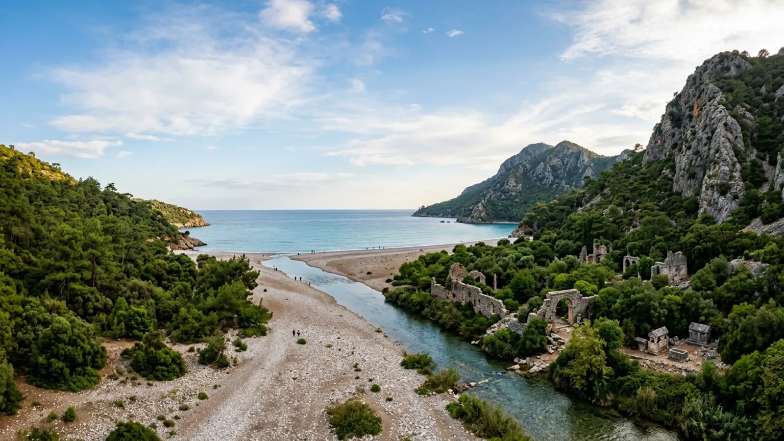 Olympos, Türkiye — the Olympos valley on the Lycian coast, ancient ruins half hidden in dense green woodland along a stream that reaches a long pebble beach between rocky headlands.