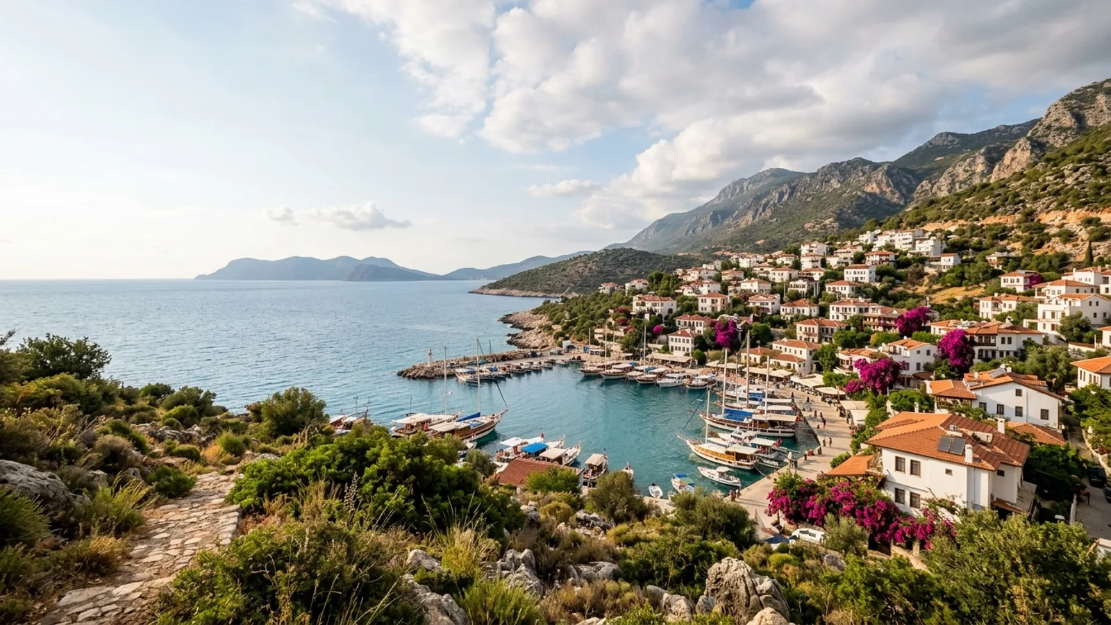 Kaş, Türkiye — the harbour town of Kas on the Lycian coast, whitewashed houses with bougainvillea on steep lanes above a small bay, the Greek island of Meis on the horizon.