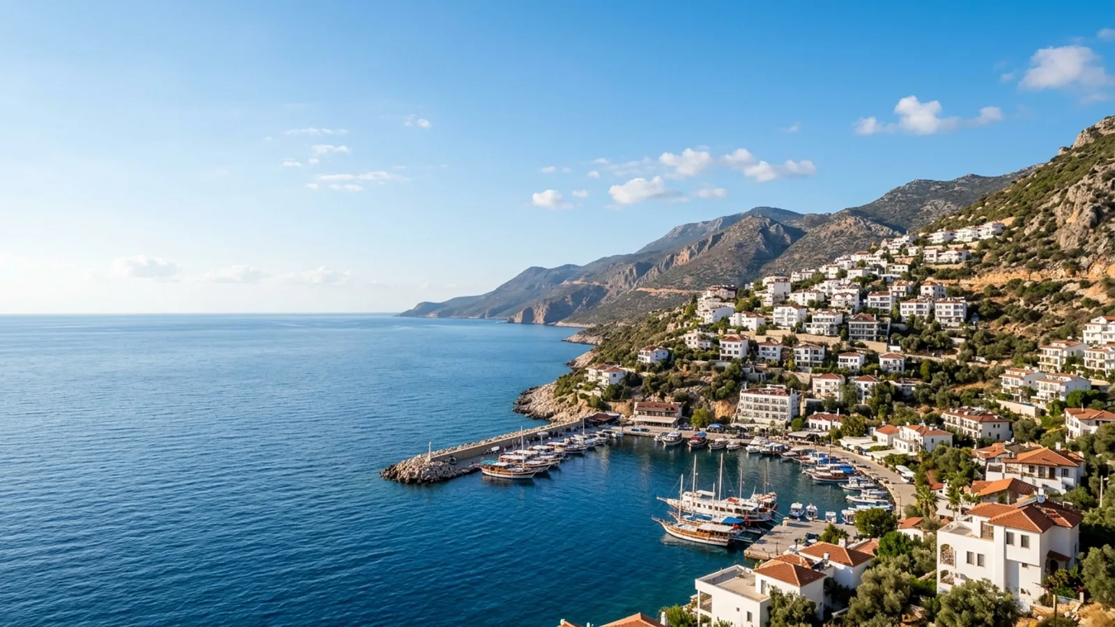 Kalkan, Türkiye — the town of Kalkan on the Lycian coast, white houses stepping down a steep hillside to a small harbour on a deep blue bay.