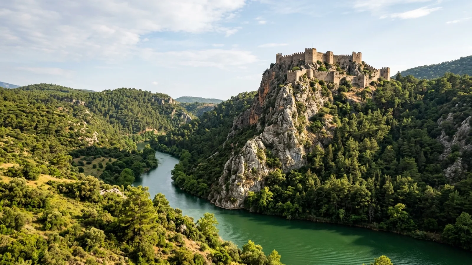 Alara, Türkiye — the Alara valley inland from the Antalya coast, a medieval stone castle on a steep rock above a green river running through wooded hills.