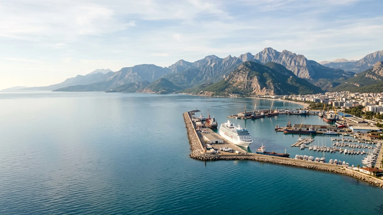 Antalya Port Akdeniz (Cruise Port), Türkiye — the commercial and cruise harbour west of Antalya, quays and breakwaters on a calm Mediterranean bay with the coastal mountains behind.