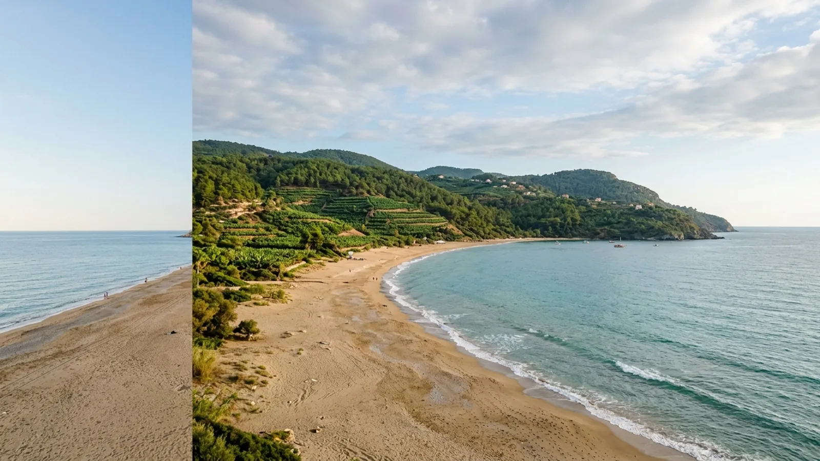 Avsallar, Türkiye — the coast at Avsallar west of Alanya, a sandy beach below green hills with pine woods and banana plantations behind.