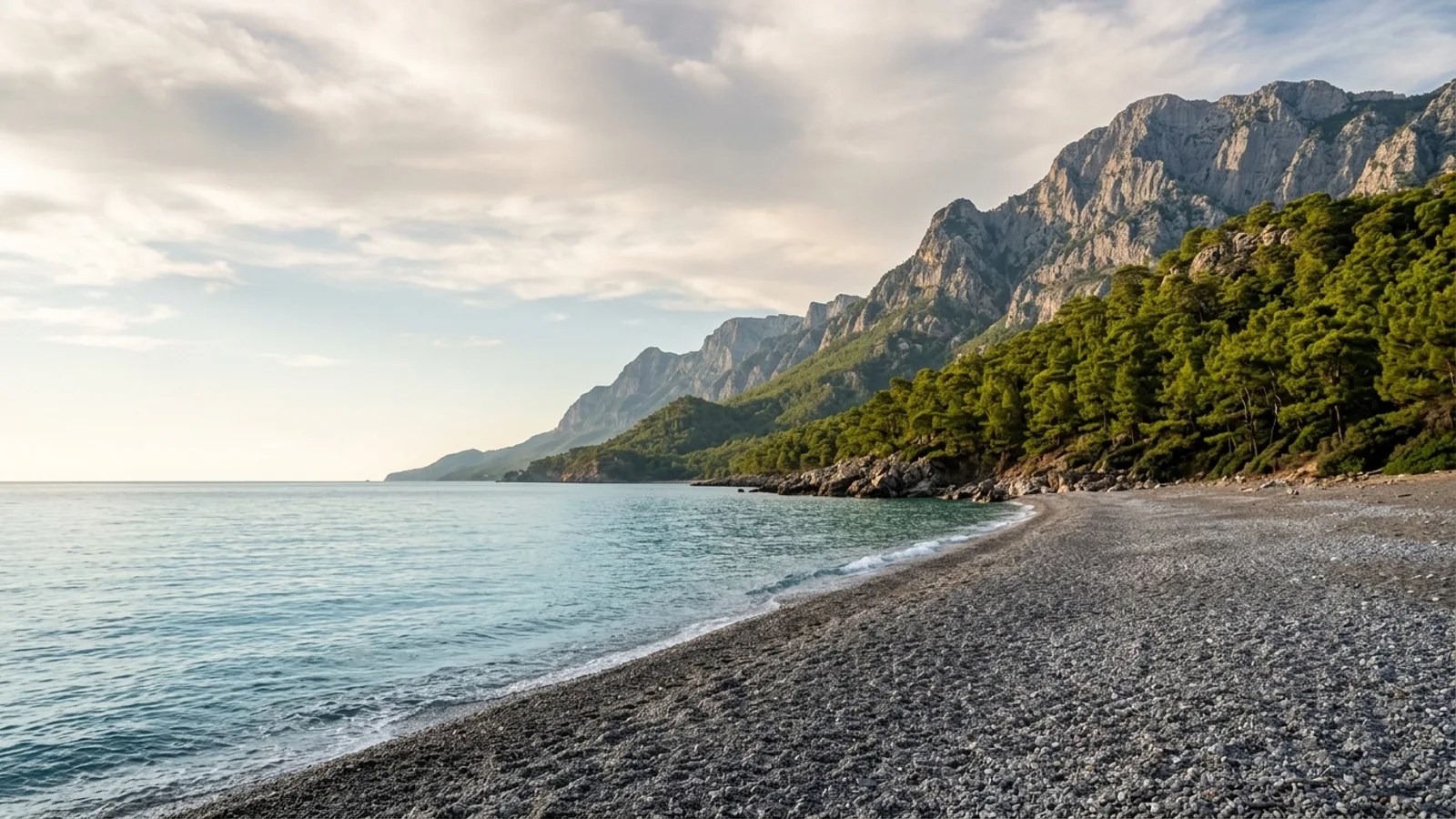 Beldibi, Türkiye — the shore at Beldibi on the Kemer road, a grey pebble beach with pine forest coming down to the water and steep mountain slopes behind.