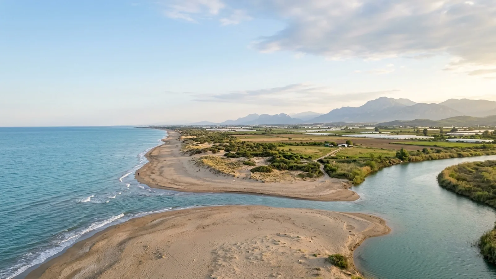 Bogazkent, Türkiye — the quiet sandy shore at Bogazkent east of Belek, a river mouth meeting the sea and flat farmland behind the dunes.
