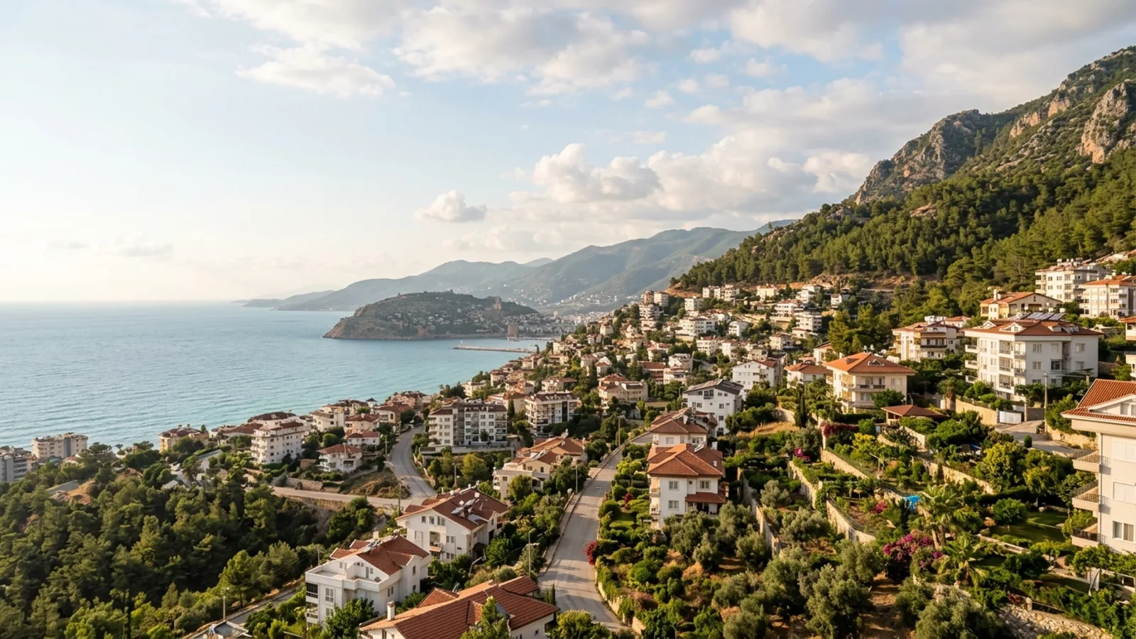 Cikcilli, Türkiye — the hillside settlement of Cikcilli above Alanya, terraced gardens and pine slopes with a wide view over the bay and the sea below.