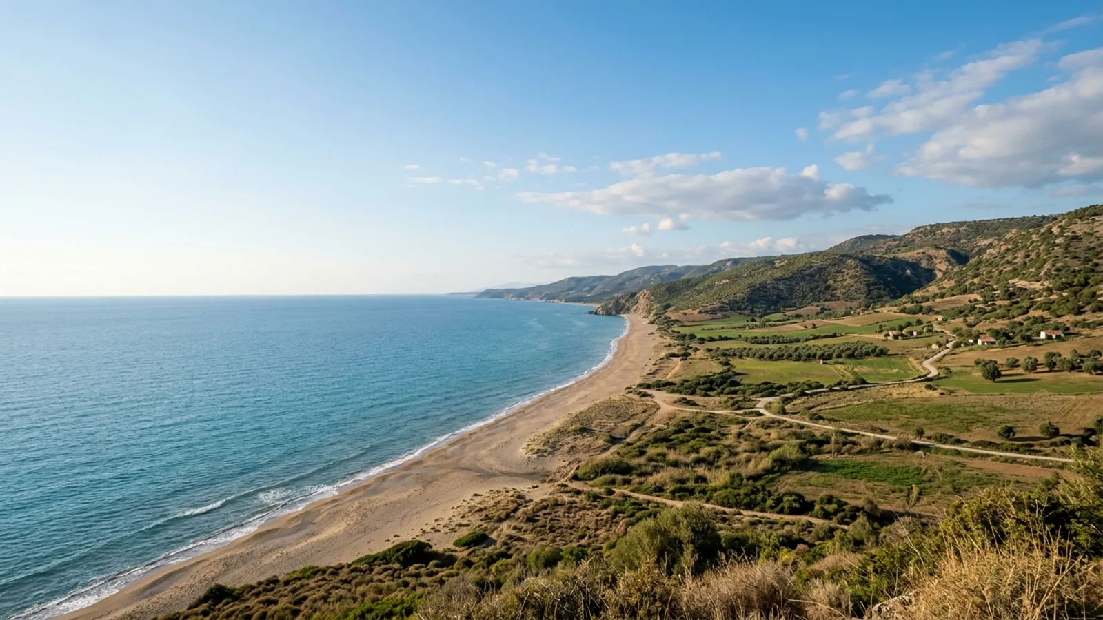Denizyaka, Türkiye — the rural coastline near Denizyaka east of Manavgat, farmland and low green hills running down to a sandy Mediterranean shore.