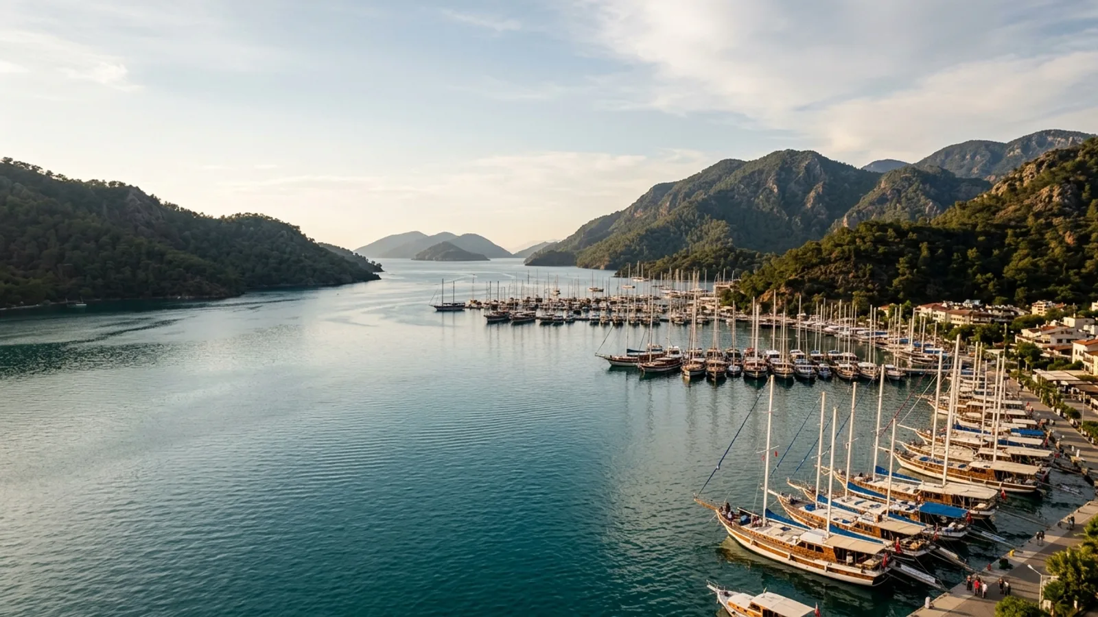 Fethiye, Türkiye — the bay at Fethiye, a large sheltered harbour full of wooden gulet boats with pine-covered hills and islands all around.