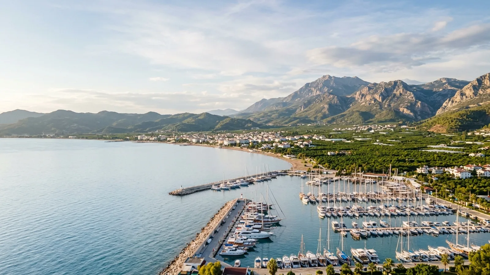 Finike, Türkiye — the coast at Finike on the western Antalya shore, a marina full of yachts with citrus orchards on the plain and mountains behind.