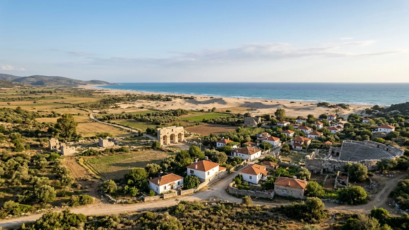 Gelemiş Köyü, Türkiye — the village of Gelemis behind Patara beach, small houses and fields among ancient Lycian ruins with dunes and the sea beyond.