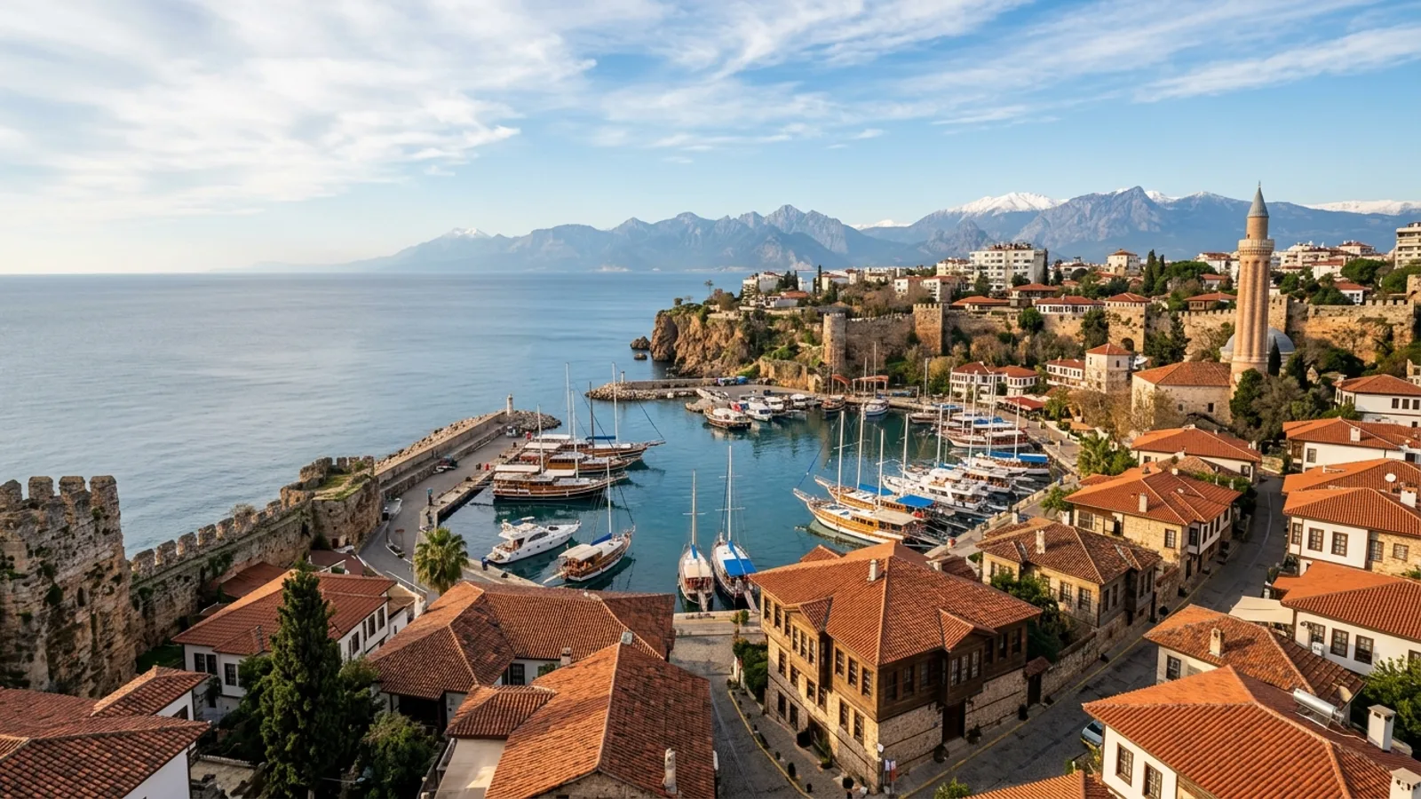 Kaleici, Türkiye — the old town of Kaleici in Antalya, Ottoman-era wooden houses on narrow stone lanes running down to a small horseshoe-shaped yacht harbour enclosed by ancient walls.