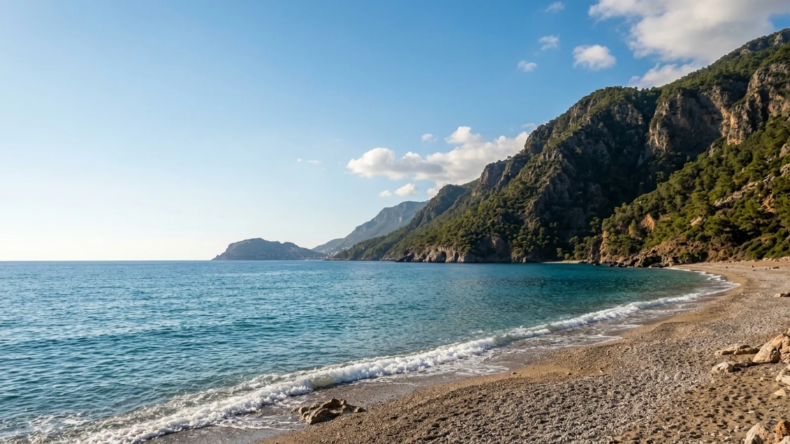 Kestel, Türkiye — the coast at Kestel east of Alanya, a narrow shingle beach with the mountain wall coming down close to the shore.