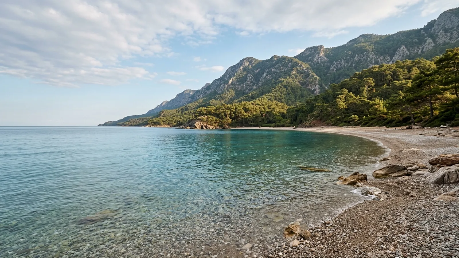Kiris, Türkiye — the quiet pebble bay at Kiris near Kemer, clear shallow water and forested mountain slopes rising directly behind the shore.