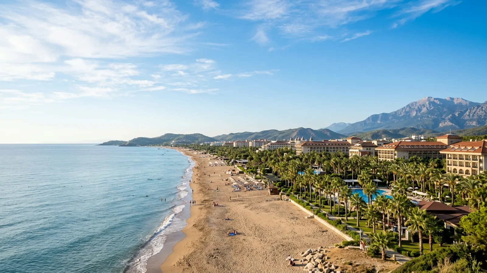 Kundu, Türkiye — the resort strip at Kundu on the coastal plain east of Antalya, a wide sandy beach backed by large hotel gardens and rows of palms.