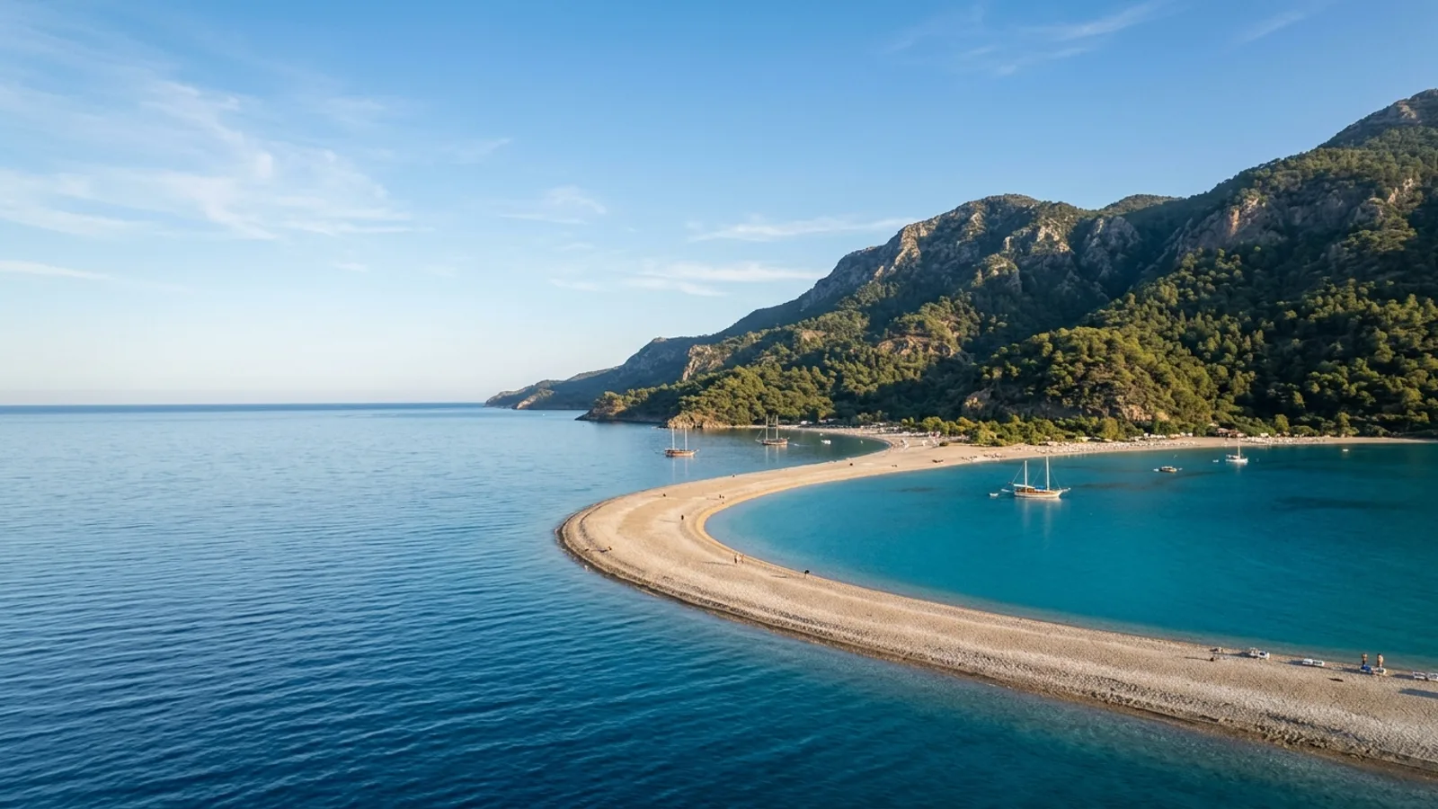 Oludeniz, Türkiye — the Blue Lagoon at Oludeniz near Fethiye, a calm turquoise lagoon behind a curving pebble spit with the steep forested Babadag mountain rising behind.
