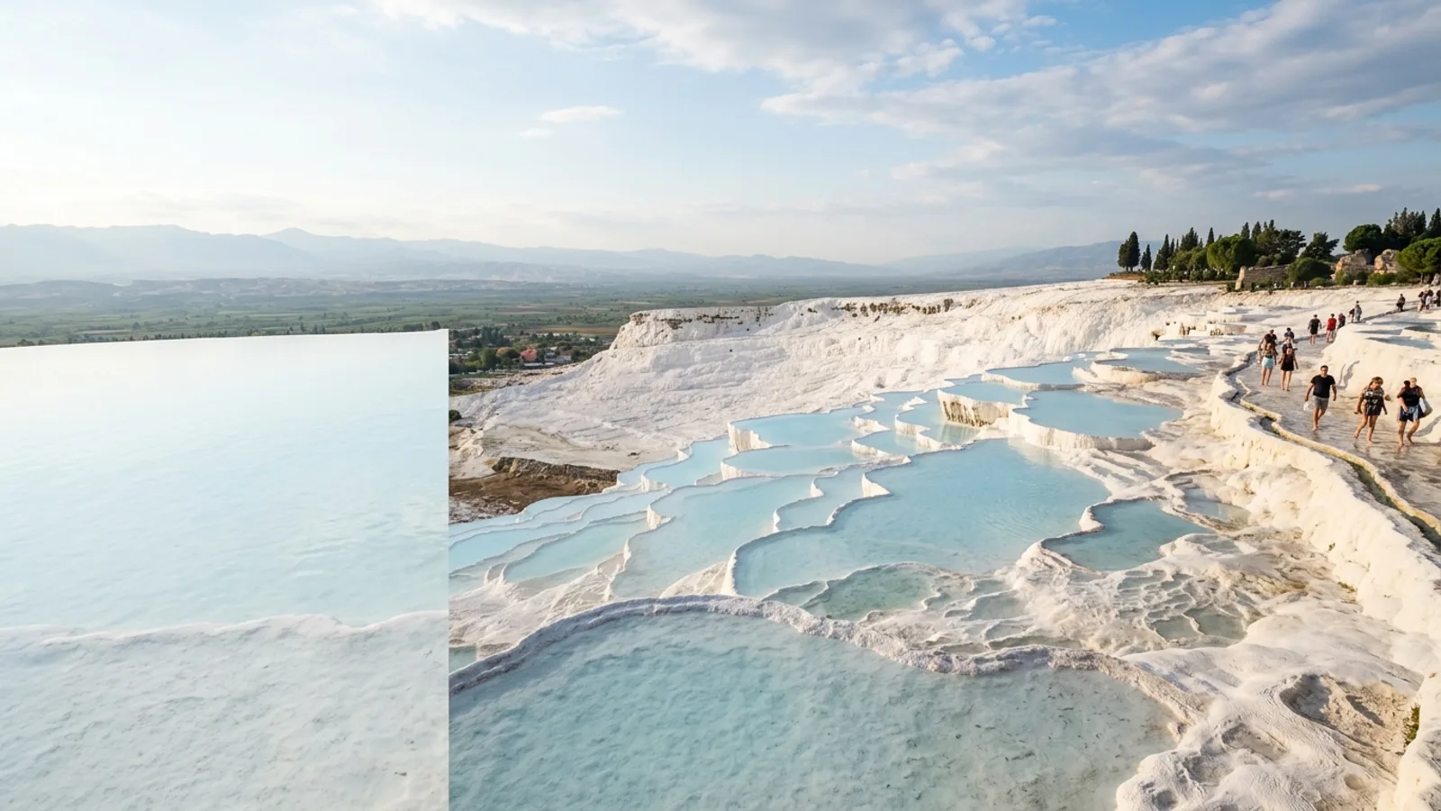 Pamukkale, Türkiye — the travertine terraces at Pamukkale, brilliant white mineral pools stepping down a hillside filled with pale blue thermal water.