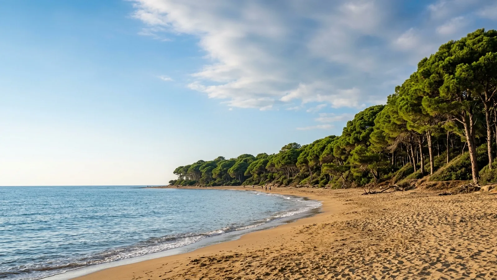 Sorgun, Türkiye — the shore at Sorgun east of Side, a sandy beach with a dense umbrella pine forest growing right down to the sand.