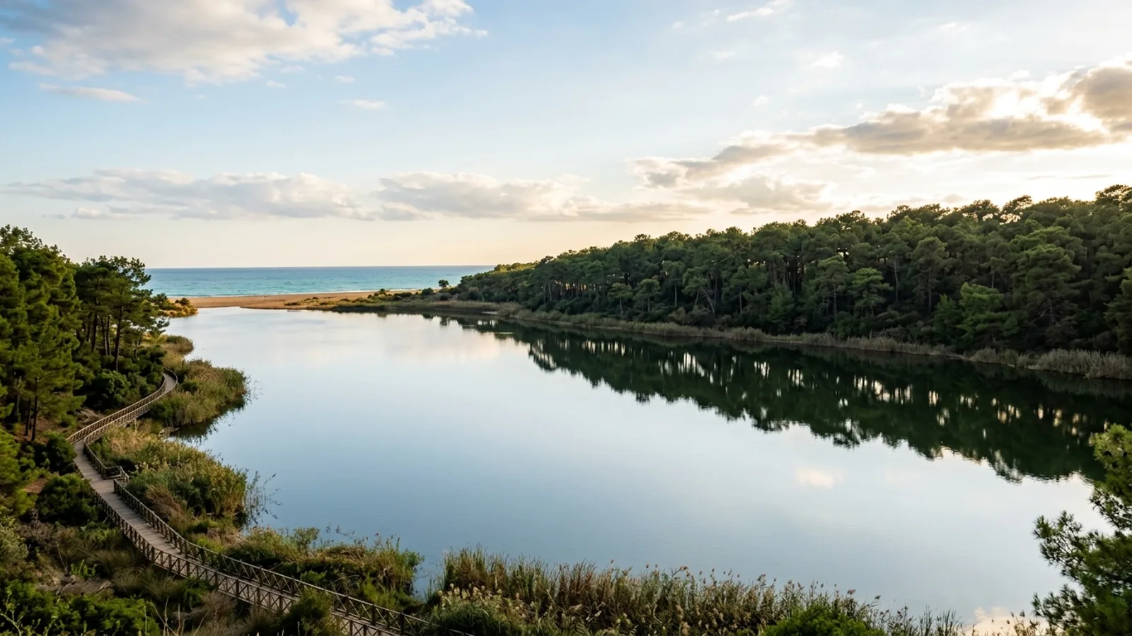 Titreyengol, Türkiye — the small lake at Titreyengol near Side, still water reflecting a surrounding pine forest a short walk from a sandy Mediterranean beach.