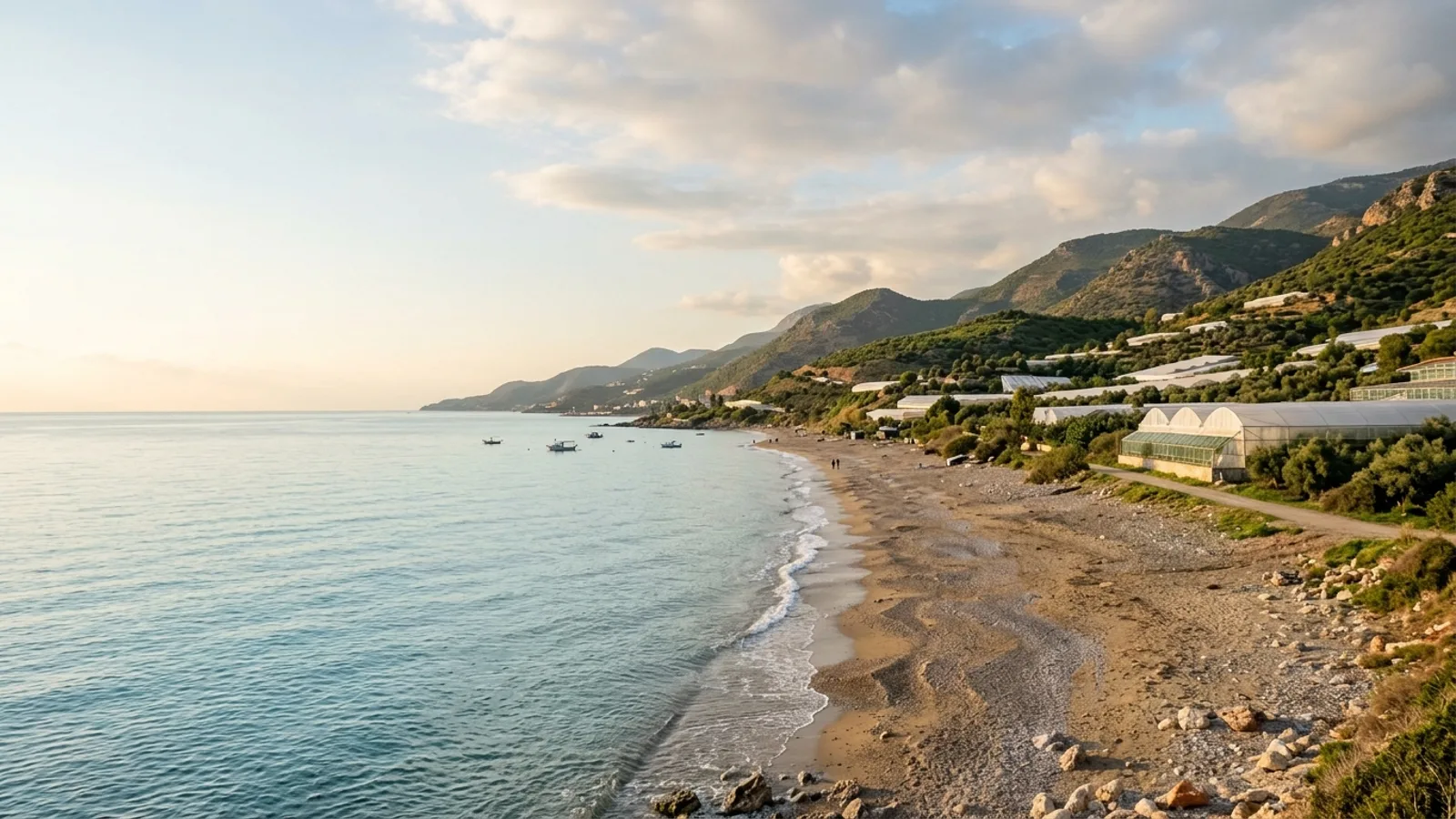 Turkler, Türkiye — the shore at Turkler on the Alanya coast, a quiet sand and pebble beach with banana greenhouses on the slopes behind.