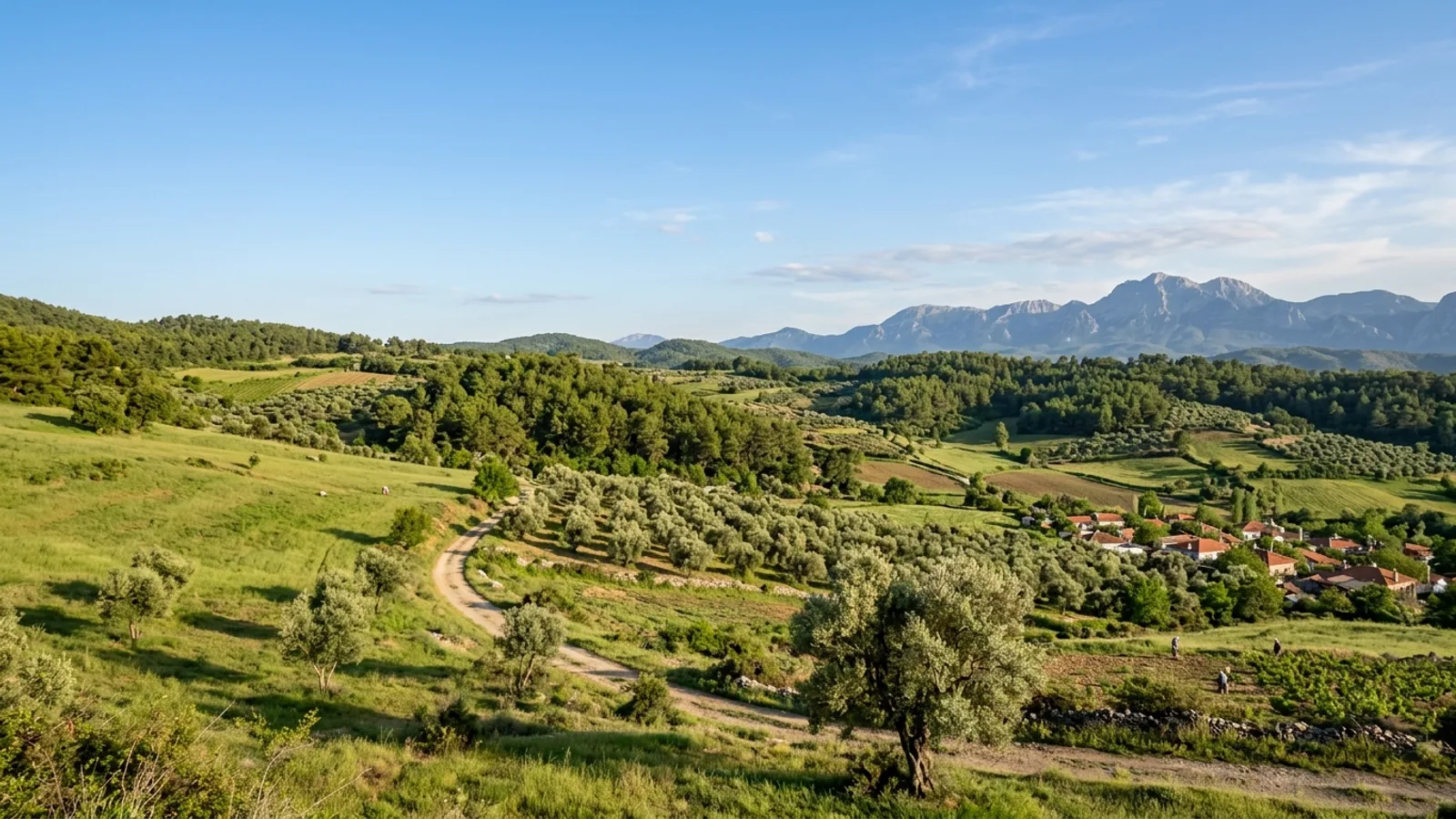 Yeşilöz, Türkiye — the rural hill country of Yesiloz inland from the Antalya coast, olive groves and pine woods on gentle green slopes.