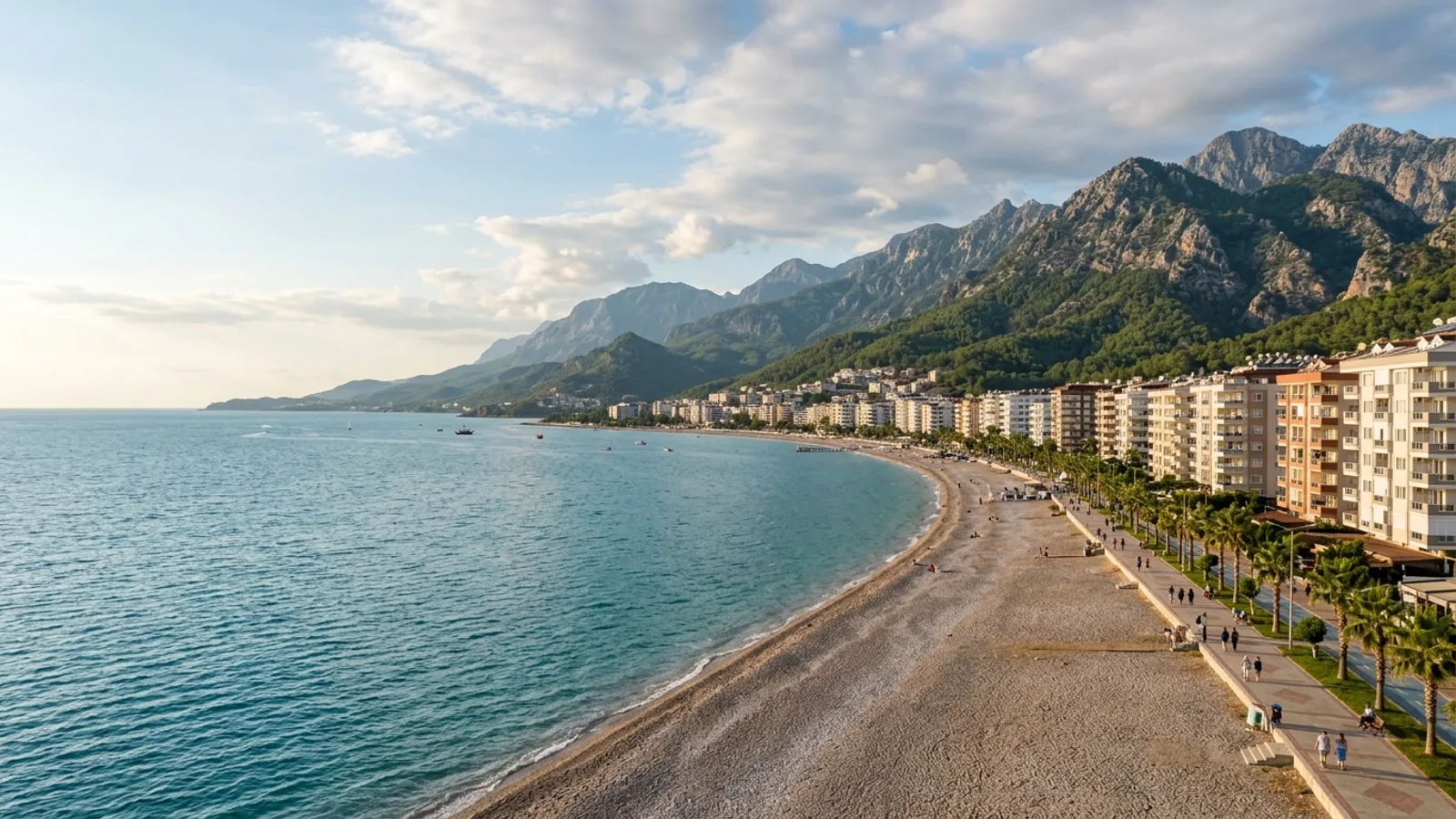 Mahmutlar, Türkiye — the seafront at Mahmutlar east of Alanya, a long pebble shore and promenade below apartment blocks with high mountains behind.