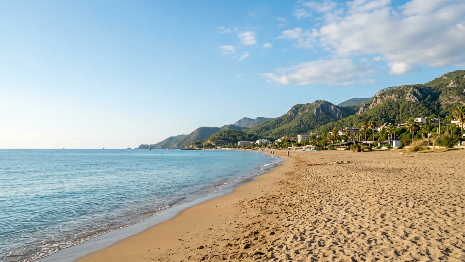 Okurcalar, Türkiye — the sandy beach at Okurcalar on the Alanya coast, calm turquoise water with low forested hills rising behind the resort strip.